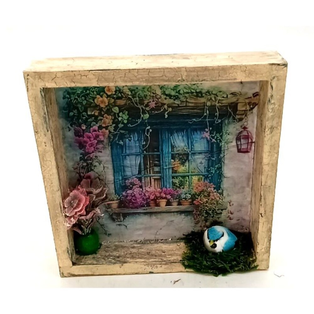 Handcrafted Spring Decor Small 6" Shadow Box Window with Florals  & Bird On Nest